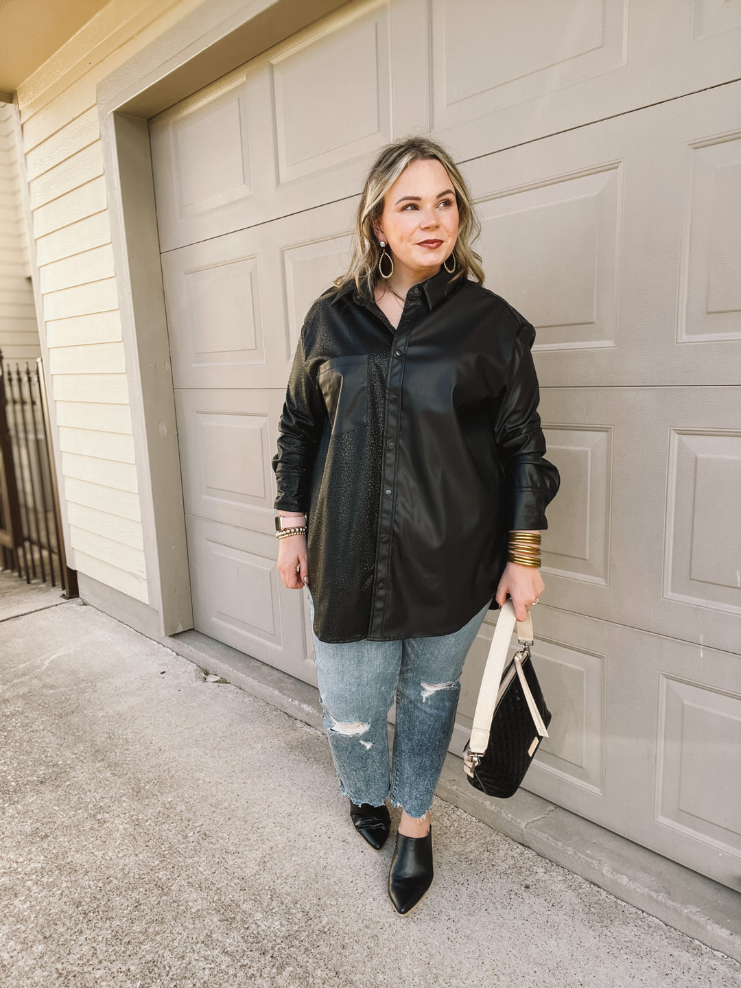 Talk Sweetly Faux Leather Print Block Shacket in Black - Giddy Up Glamour Boutique