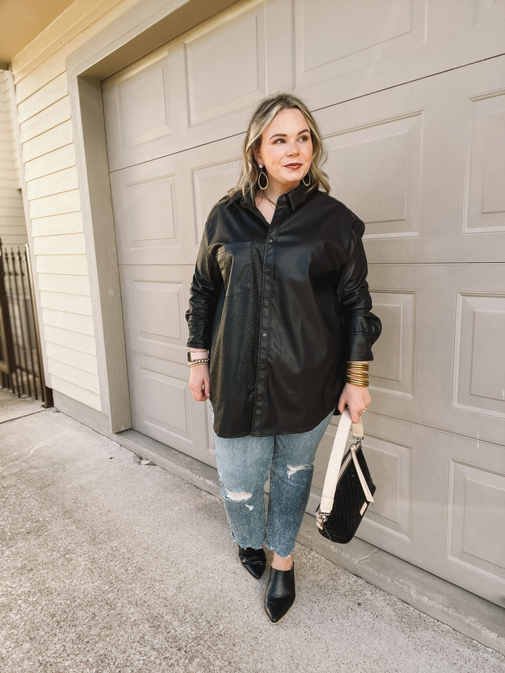 Talk Sweetly Faux Leather Print Block Shacket in Black - Giddy Up Glamour Boutique