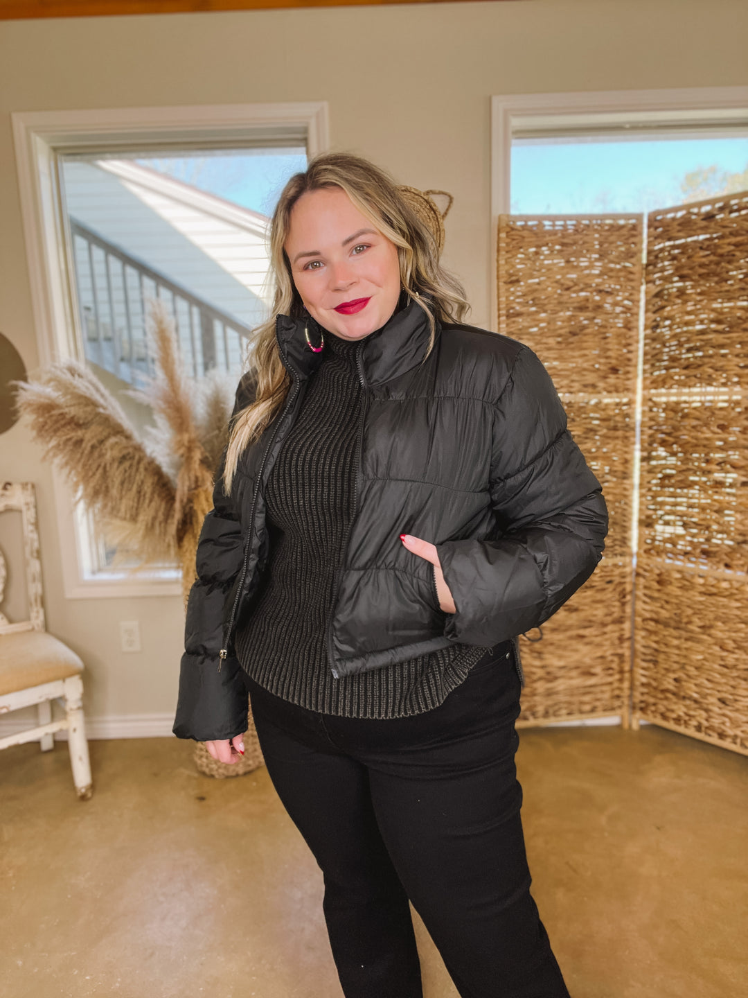 Wrapped In Cozy Cropped Puffer Jacket in Black - Giddy Up Glamour Boutique