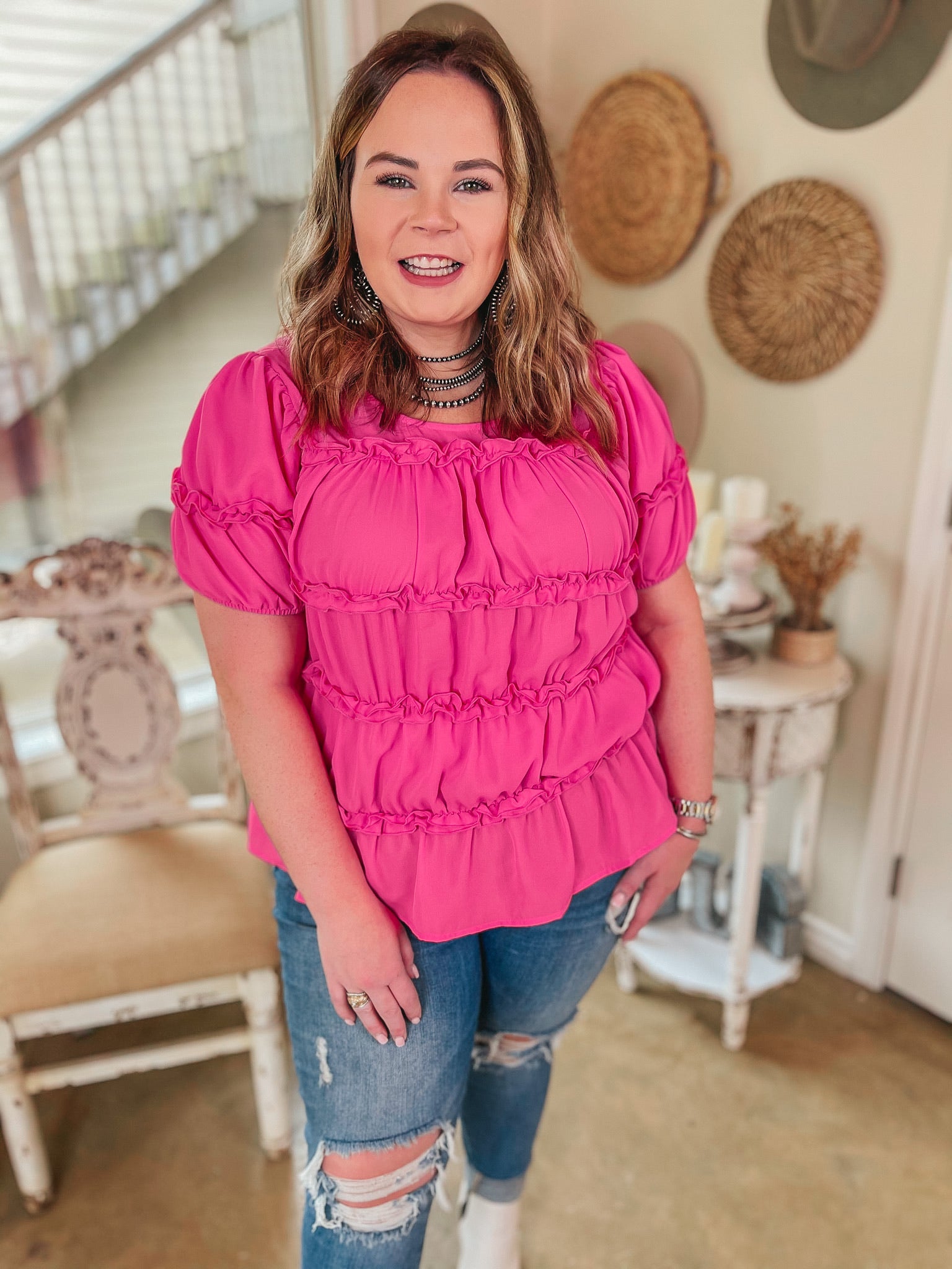 Hollywood Stroll Short Sleeve Ruffle Blouse in Fuchsia - Giddy Up Glamour Boutique