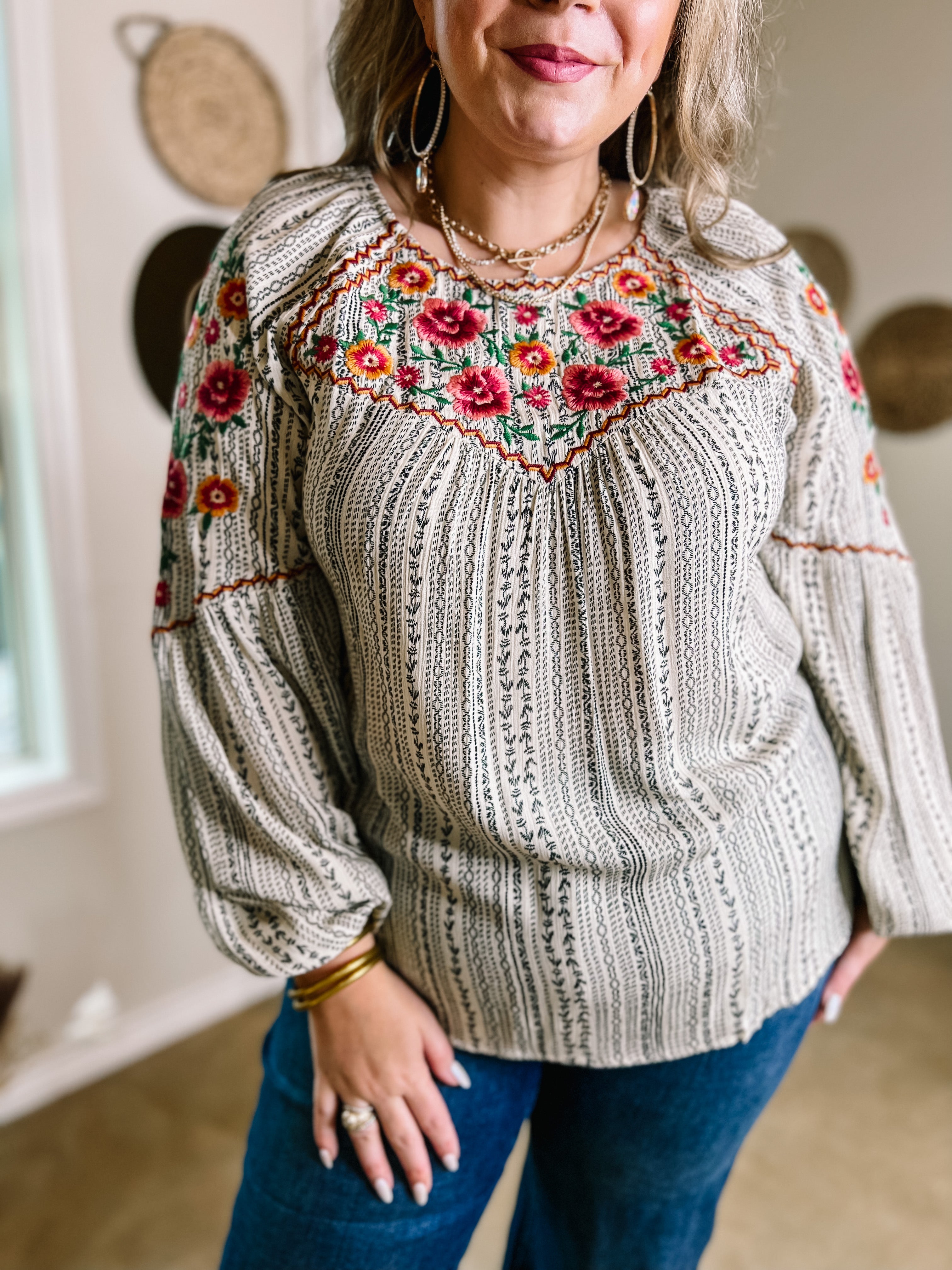 Savanna Jane | Looking For Peace Long Sleeve Tribal Print Floral Embroidered Top in Ivory - Giddy Up Glamour Boutique