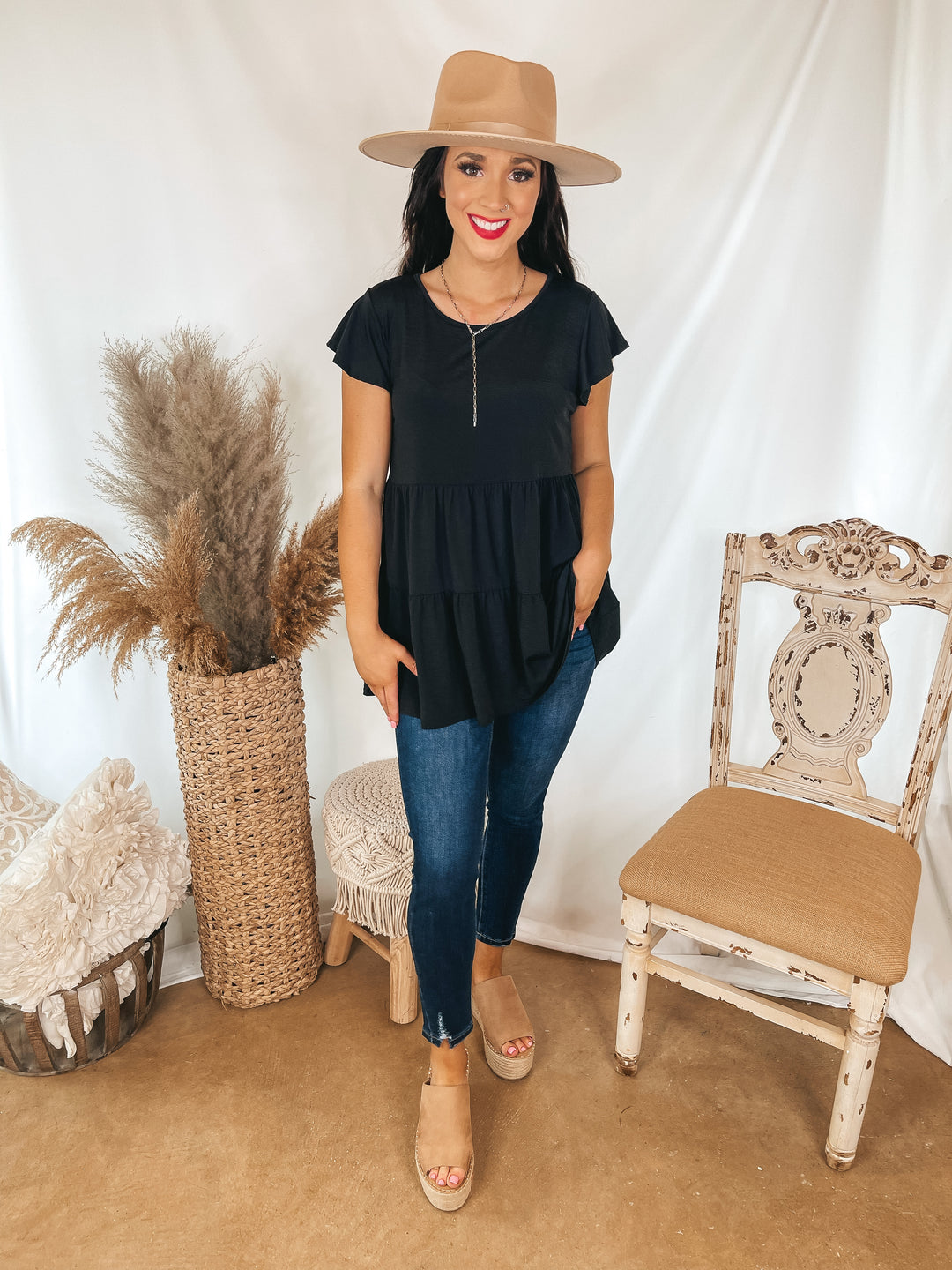 Treat it Right Three Tiered Bulgari Babydoll Top with Ruffle Cap Sleeves in Black - Giddy Up Glamour Boutique