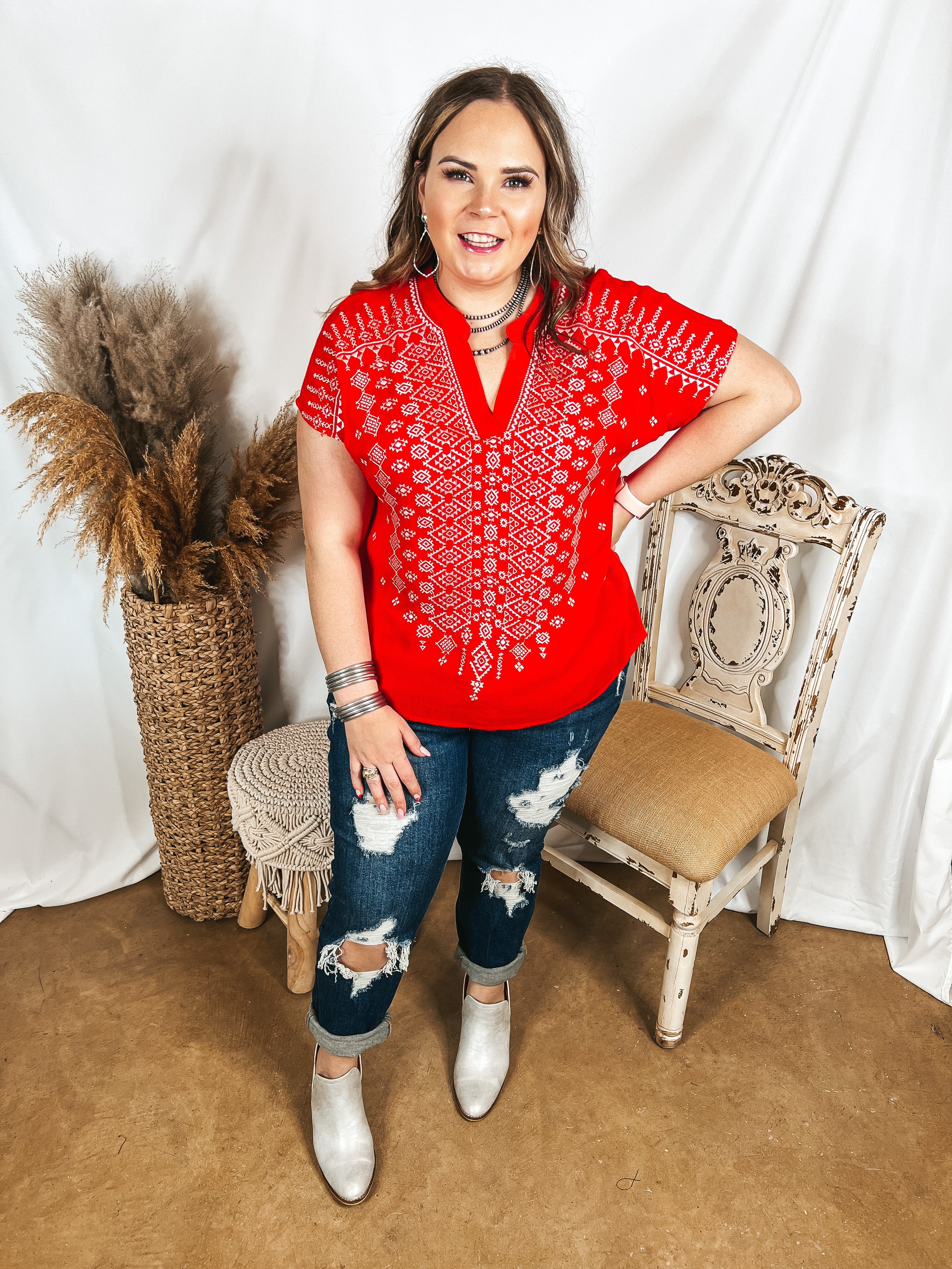 Fredericksburg Feeling Embroidered Short Sleeve Notched Neck Top in Red - Giddy Up Glamour Boutique