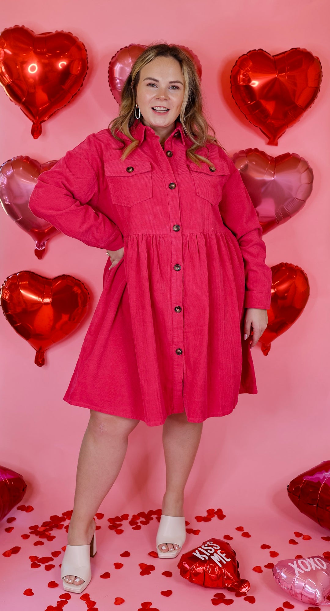 Corduroy Button Up Babydoll Dress in Hot Pink 1XL/2XL Corduroy Button Up Babydoll Dress in Hot Pink 1XL/2XL