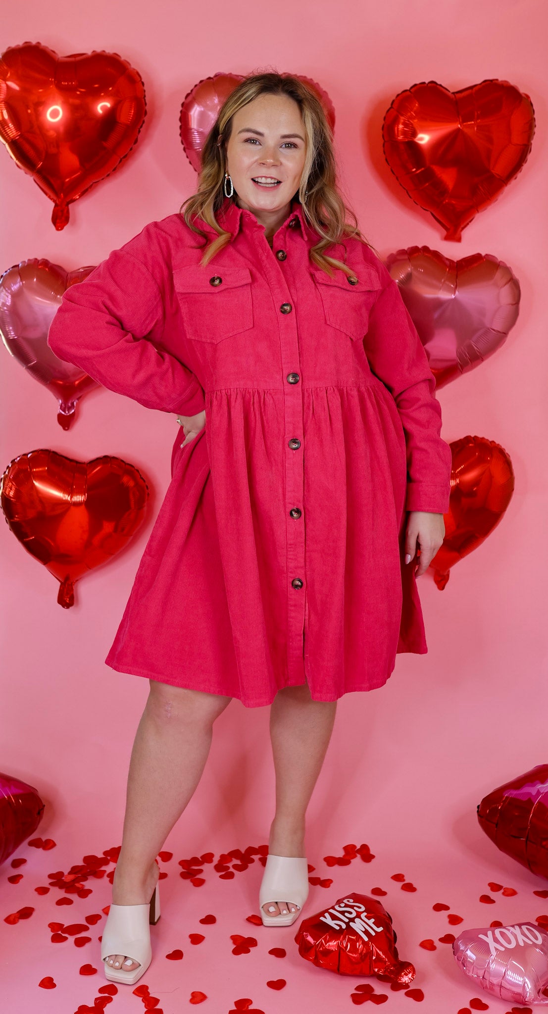 Over The Edge Corduroy Button Up Babydoll Dress in Hot Pink - Giddy Up Glamour Boutique