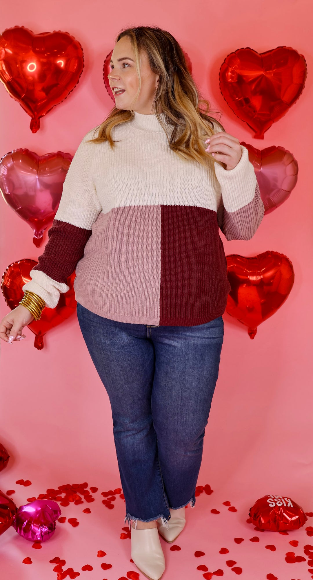 Just Warming Up Color Block Knit Pullover Sweater in Maroon and Mauve - Giddy Up Glamour Boutique