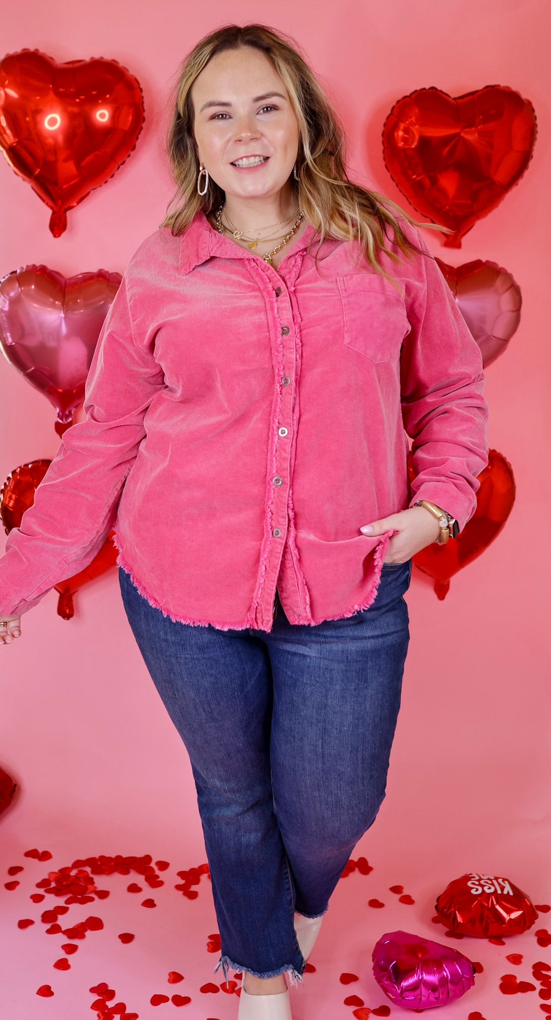 Dial It In Button Up Corduroy Shacket with Raw Hem in Pink - Giddy Up Glamour Boutique