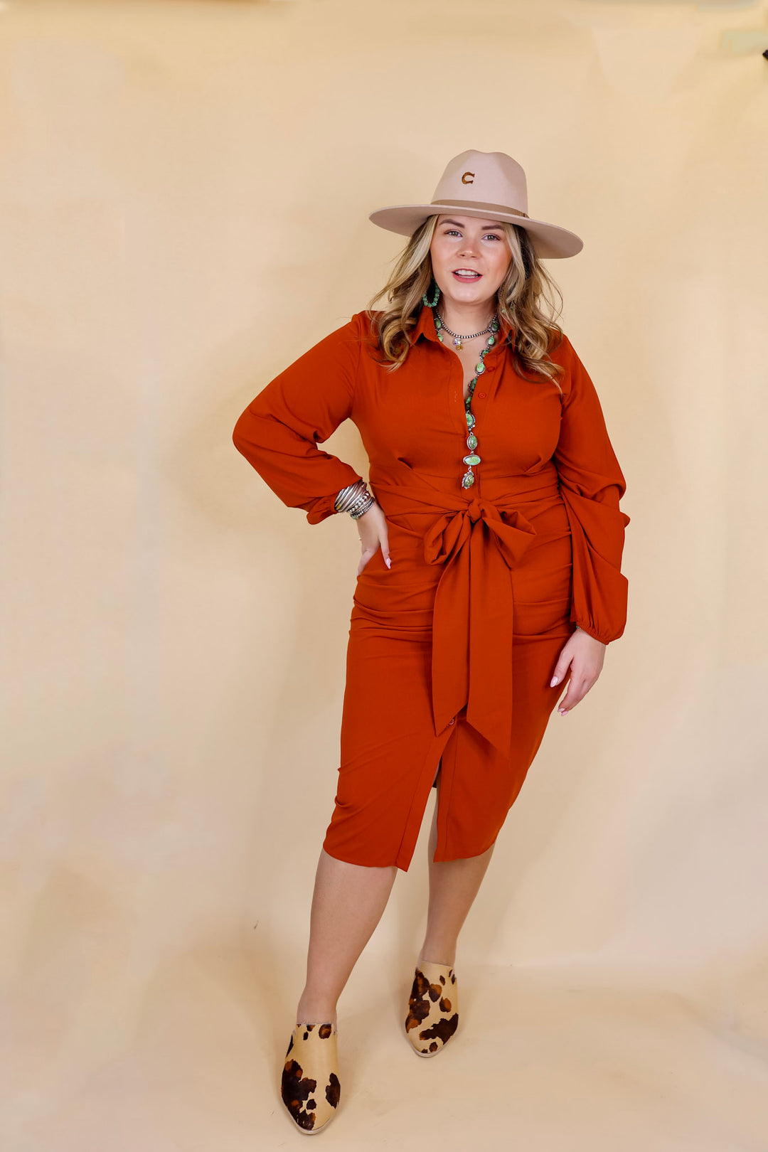 Heart On The Line Button Up Ruched Front Midi Dress with Waist Tie in Rust Orange - Giddy Up Glamour Boutique