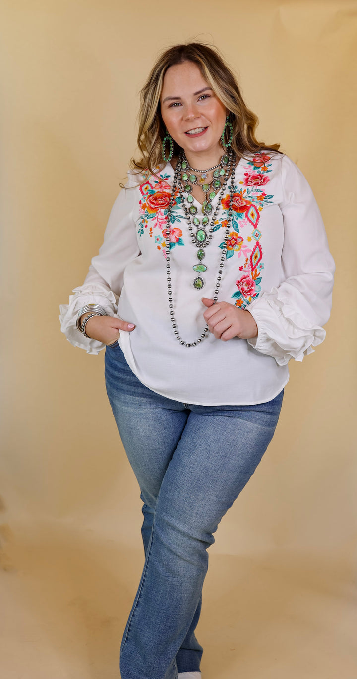 Vineyard Villa Floral Embroidered Top with Long Ruffle Sleeves in White - Giddy Up Glamour Boutique