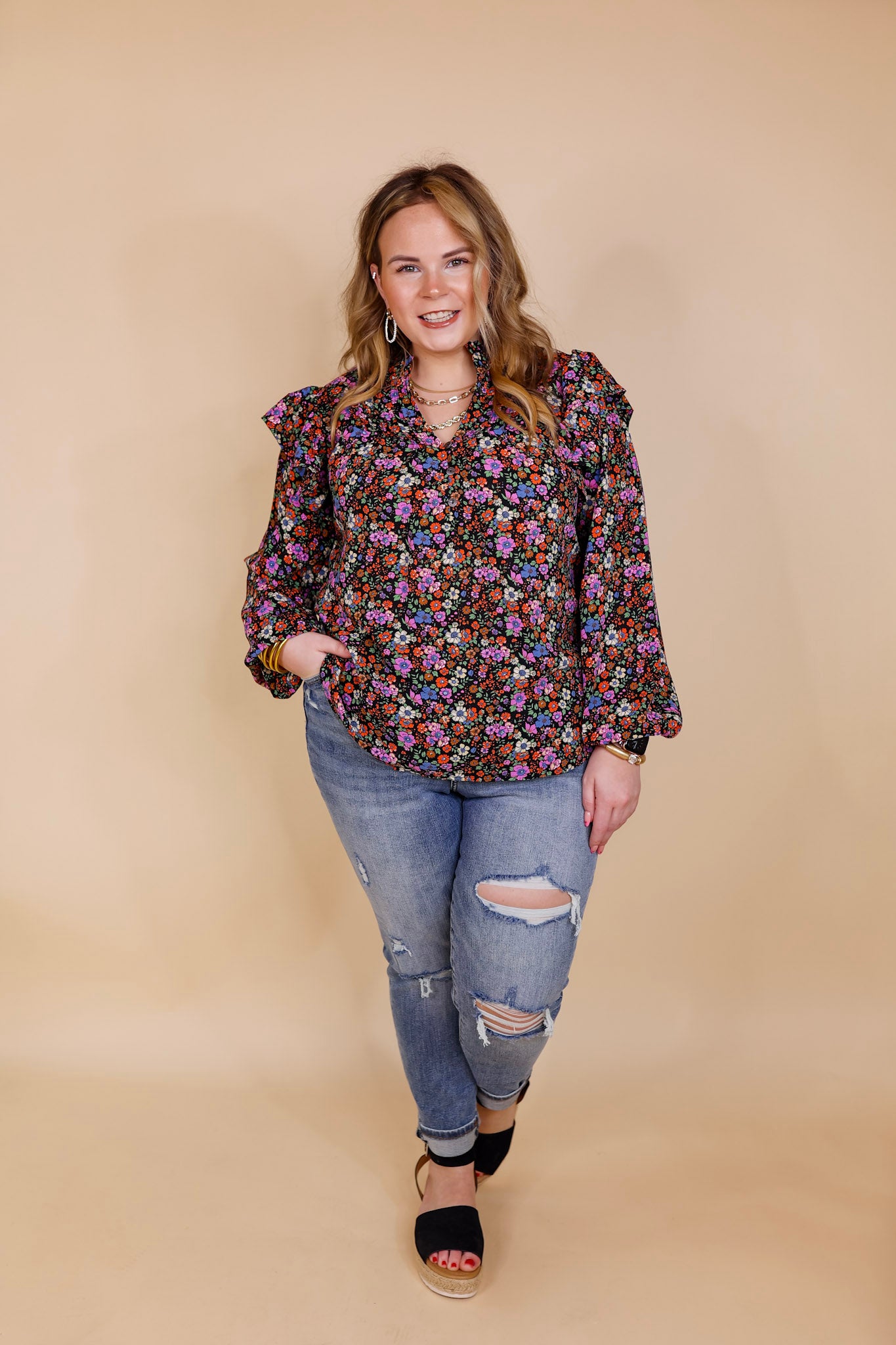 Never A Worry Floral Long Sleeve Pleated Detail Blouse in Black - Giddy Up Glamour Boutique