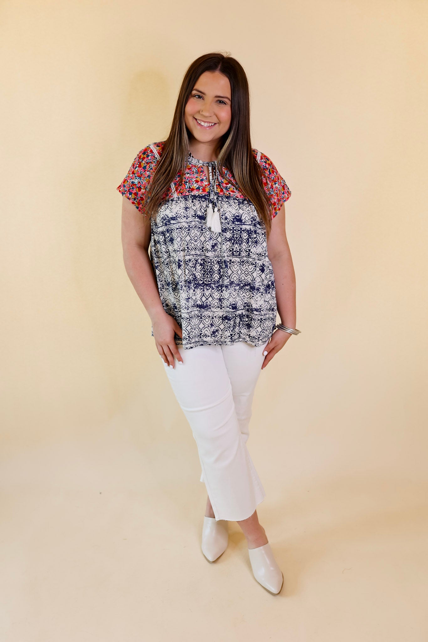 Fredericksburg In the Spring Embroidered Top with Front Keyhole in Ivory and Navy - Giddy Up Glamour Boutique