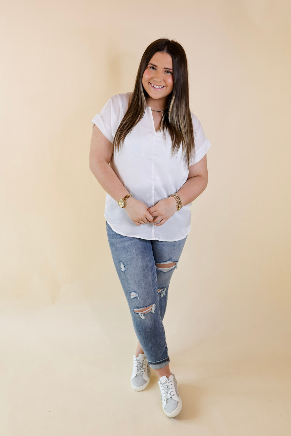 Channeling Confidence Notch Neck Short Sleeve Top in White - Giddy Up Glamour Boutique