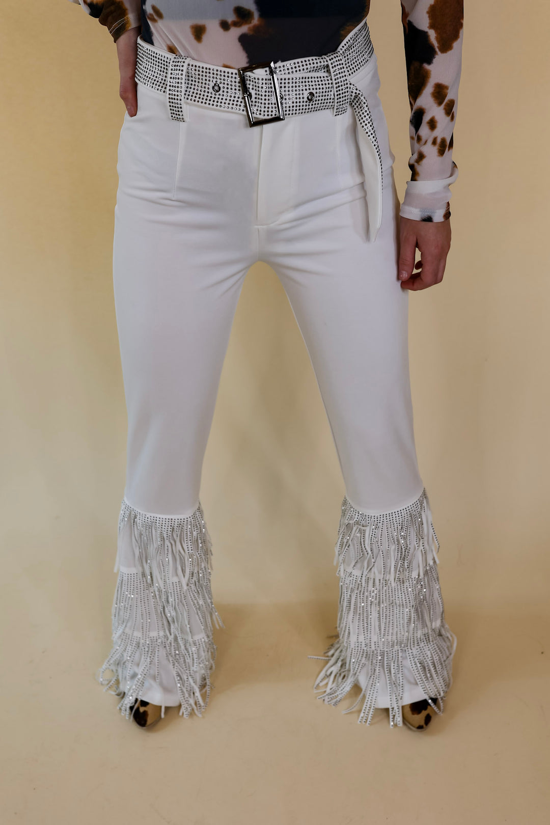 Cowboy Killer Crystal Fringe Bell Bottom Pants in White - Giddy Up Glamour Boutique