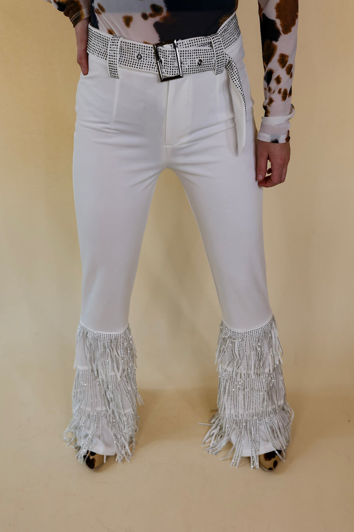Cowboy Killer Crystal Fringe Bell Bottom Pants in White - Giddy Up Glamour Boutique
