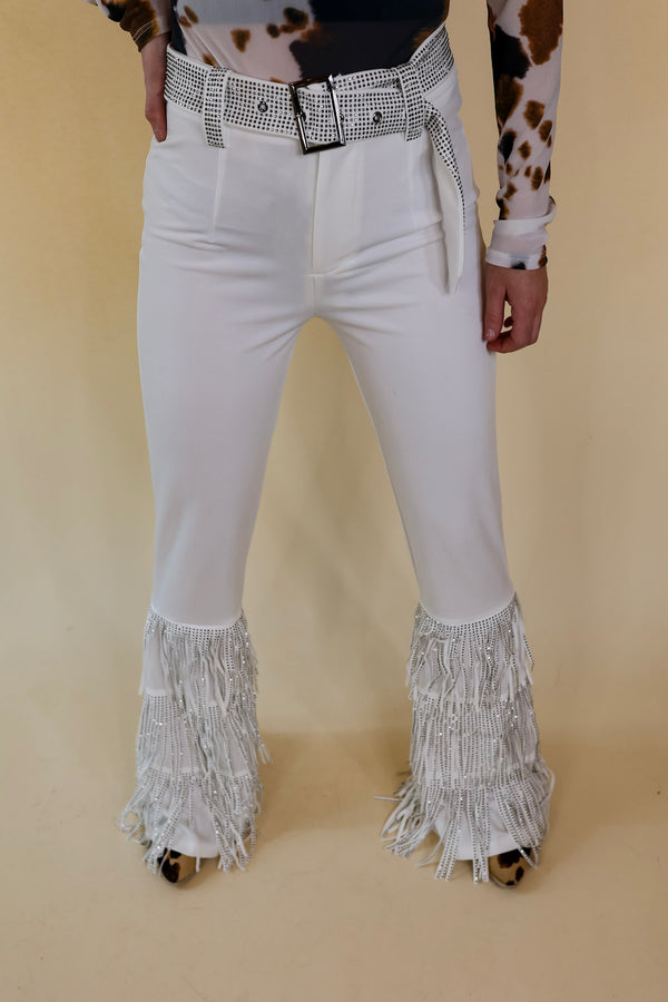 Cowboy Killer Crystal Fringe Bell Bottom Pants in White