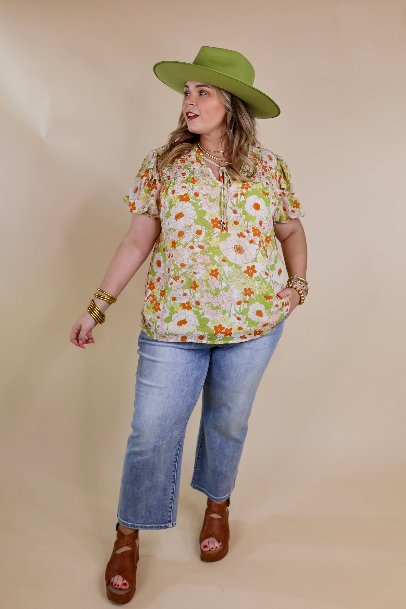 Daily Basis Front Keyhole Floral Top in Ivory and Green - Giddy Up Glamour Boutique