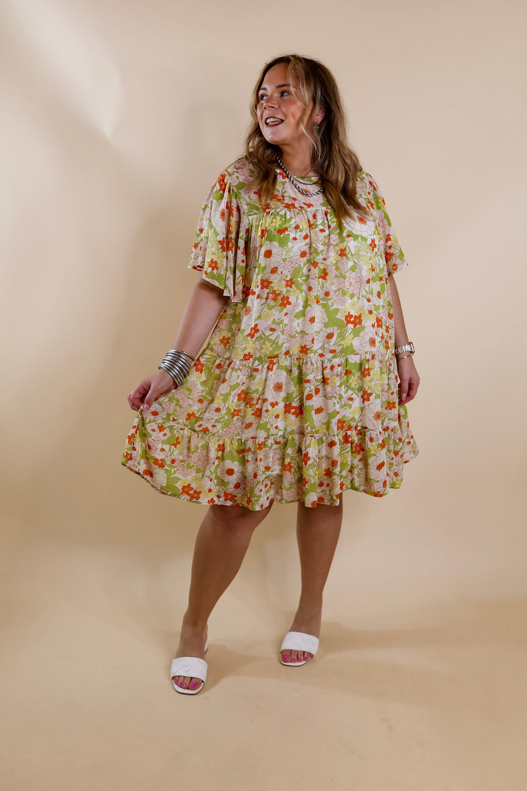 State of Bliss Ruffle Tiered Floral Dress in Lime Green and Orange - Giddy Up Glamour Boutique