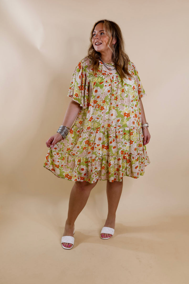 State of Bliss Ruffle Tiered Floral Dress in Lime Green and Orange - Giddy Up Glamour Boutique