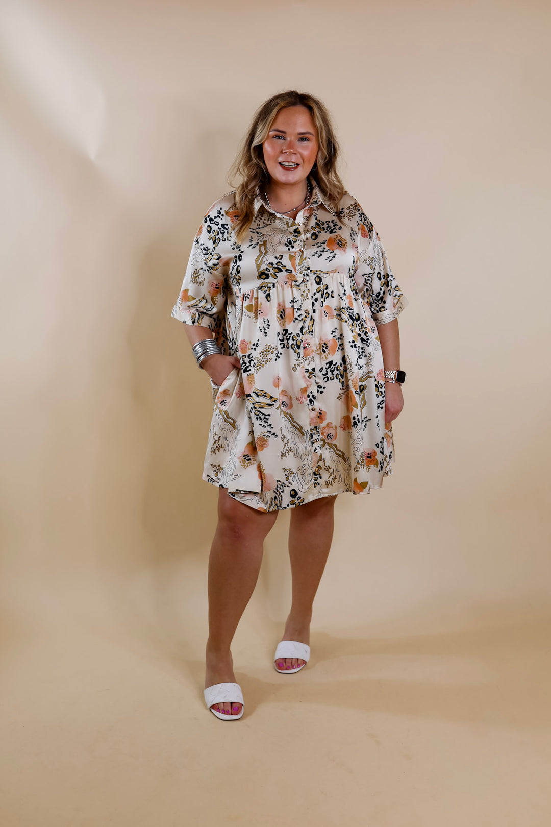 Ready To Flaunt Button Up Mix Print Satin Babydoll Dress in Ivory - Giddy Up Glamour Boutique