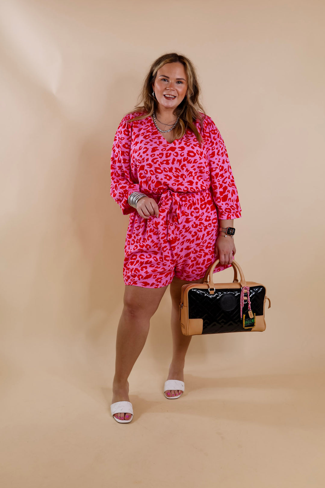 Stop The Show Leopard Print Romper with Waist Tie in Pink - Giddy Up Glamour Boutique