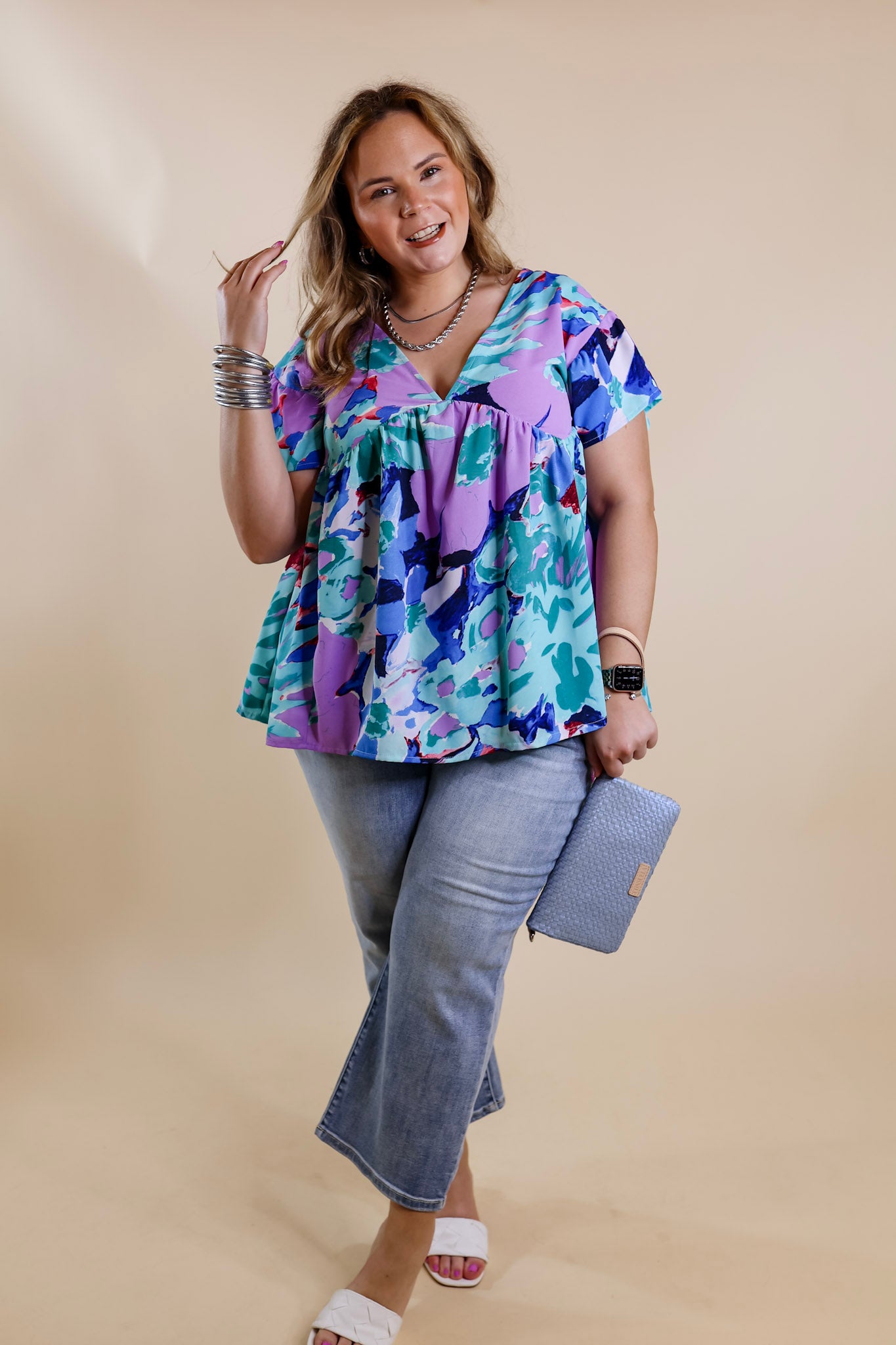 You Had Me At Aloha Watercolor Floral Top with V Neckline in Aqua Mix - Giddy Up Glamour Boutique