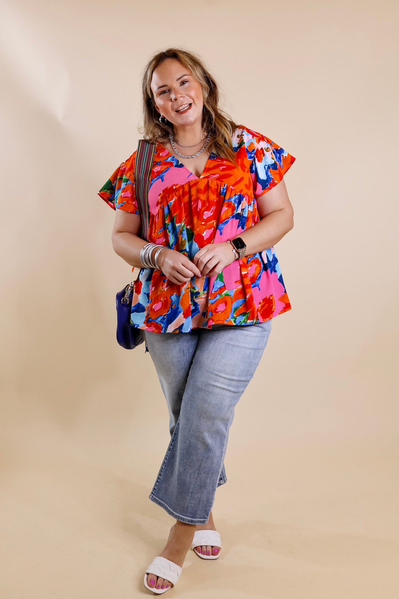 You Had Me At Aloha Watercolor Floral Top with V Neckline in Orange Mix - Giddy Up Glamour Boutique