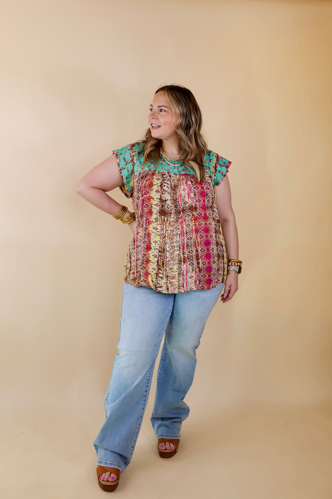 Festival Weather Turquoise Embroidered Tribal Print Top with Ruffle Cap Sleeves in Olive Green Mix - Giddy Up Glamour Boutique