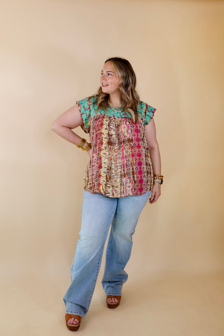 Festival Weather Turquoise Embroidered Tribal Print Top with Ruffle Cap Sleeves in Olive Green Mix - Giddy Up Glamour Boutique