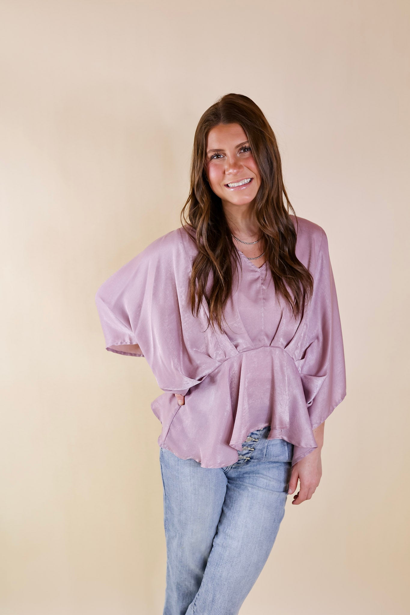 Hear the Music Drop Sleeve Satin V Neck Peplum Top in Dusty Lilac Purple - Giddy Up Glamour Boutique