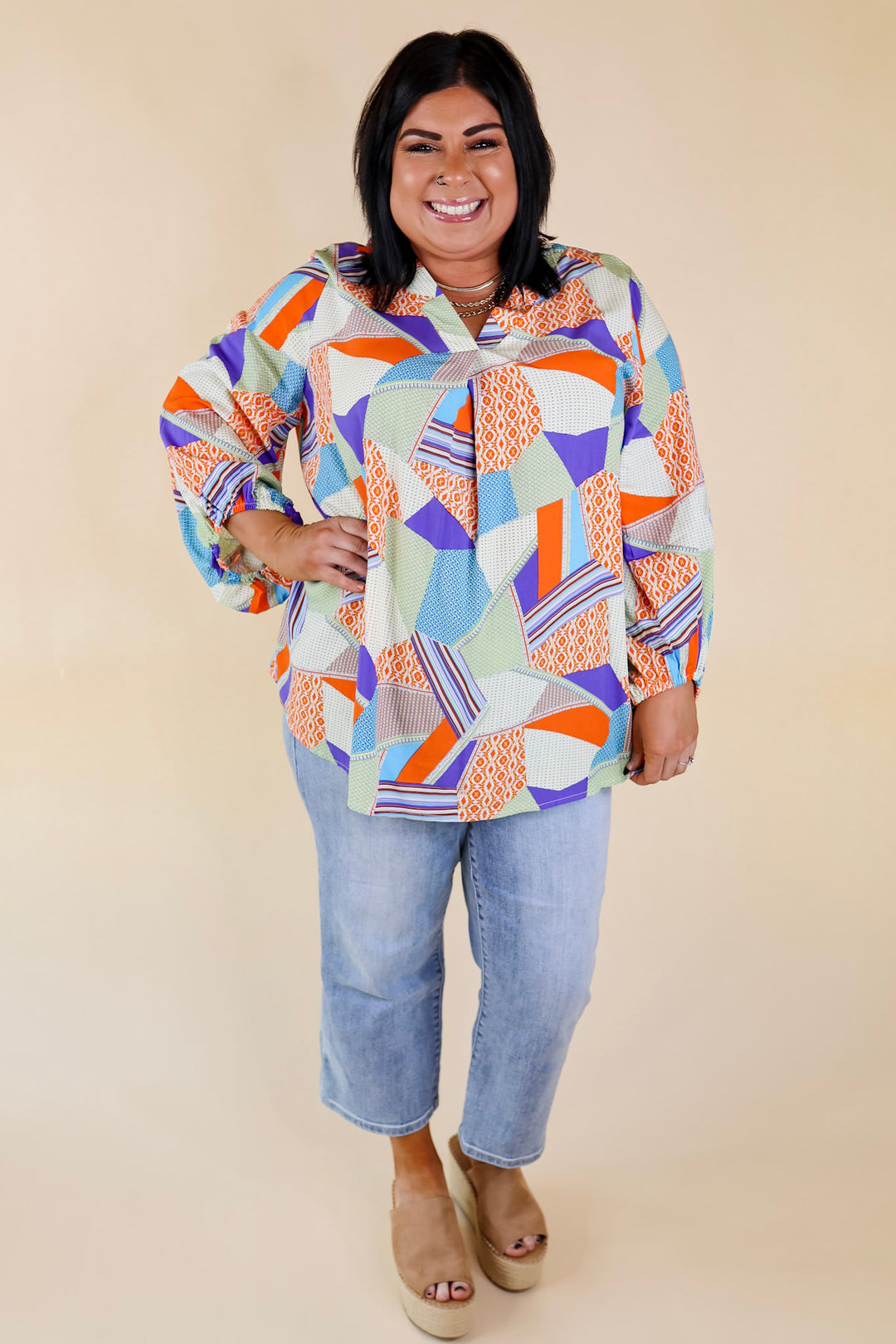 Eyes On Paradise Mix Patch Print Blouse with 3/4 Sleeves in Orange and Blue Mix - Giddy Up Glamour Boutique