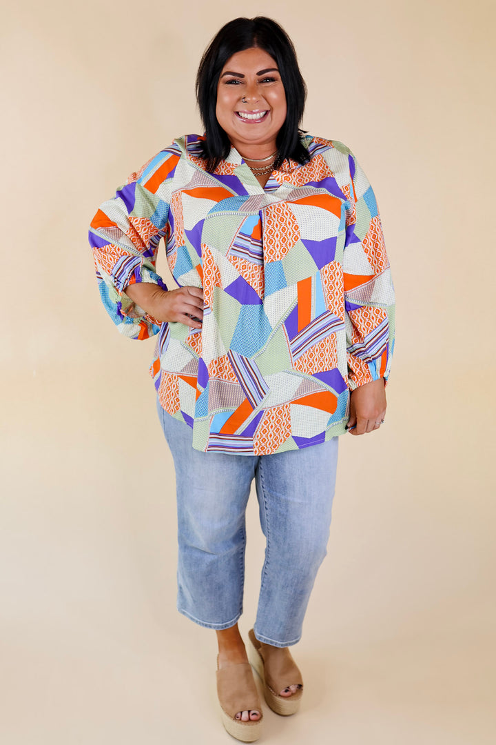 Eyes On Paradise Mix Patch Print Blouse with 3/4 Sleeves in Orange and Blue Mix - Giddy Up Glamour Boutique