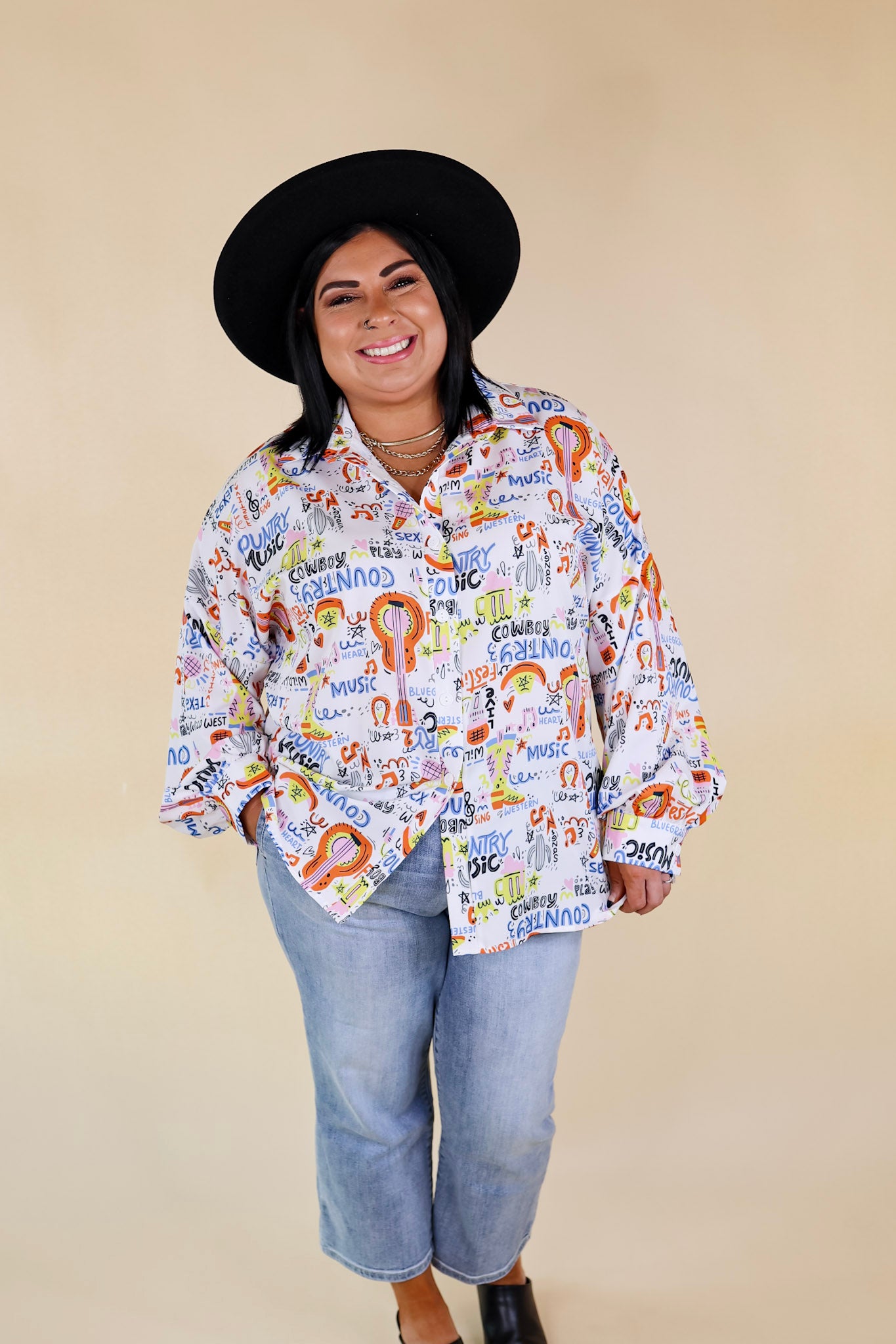 The Cowgirl Way Button Up Multi Color Music Print Top in White - Giddy Up Glamour Boutique
