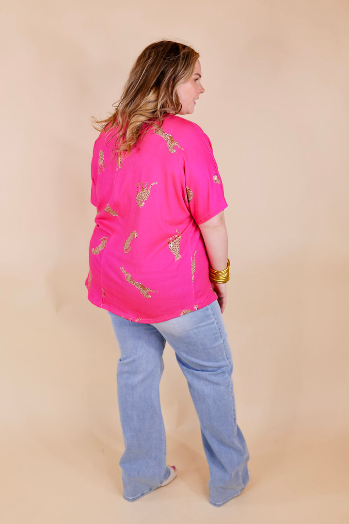 Wild Side Cheetah Print V Neck Top with Short Sleeves in Hot Pink - Giddy Up Glamour Boutique