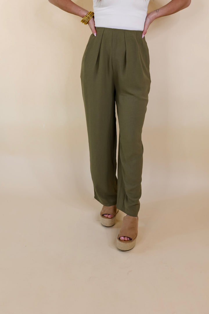 Trading Favors Pleated Detail Pants in Olive Green - Giddy Up Glamour Boutique