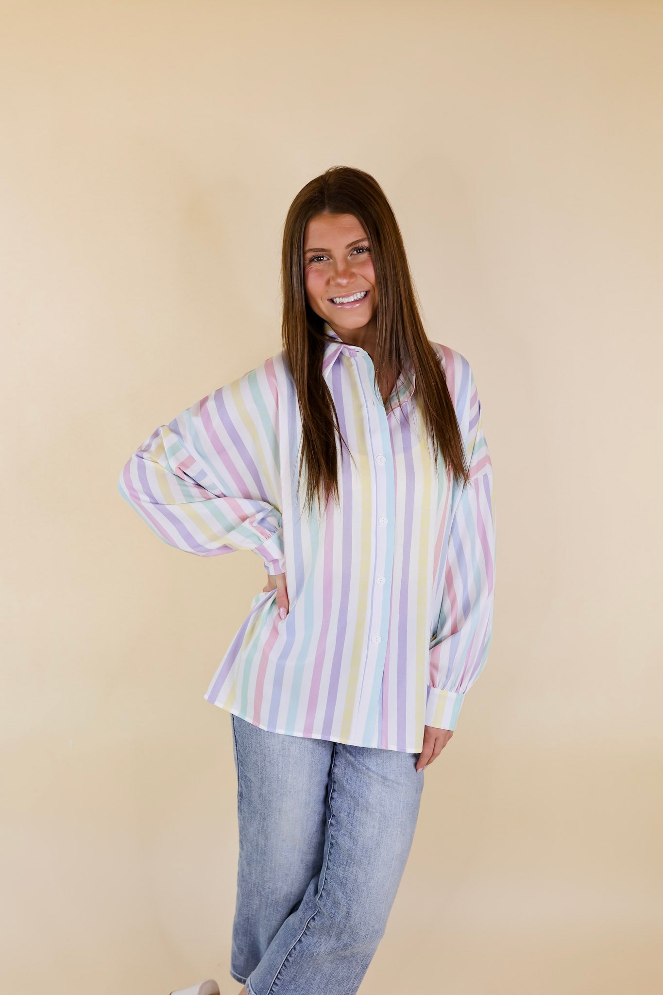 The Cowgirl Way Button Up Pastel Striped Top in White - Giddy Up Glamour Boutique