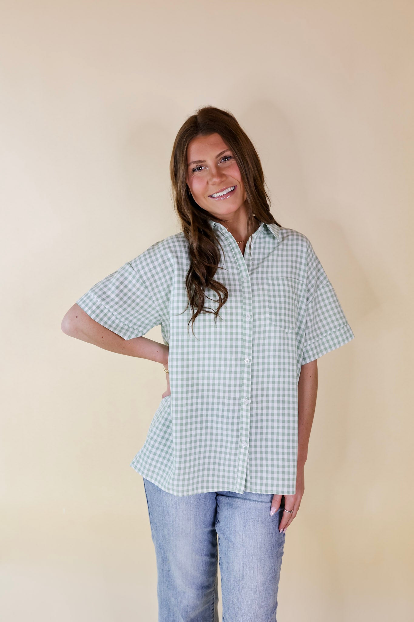 What A Rush Button Up Gingham Short Sleeve Top in Sage Green - Giddy Up Glamour Boutique