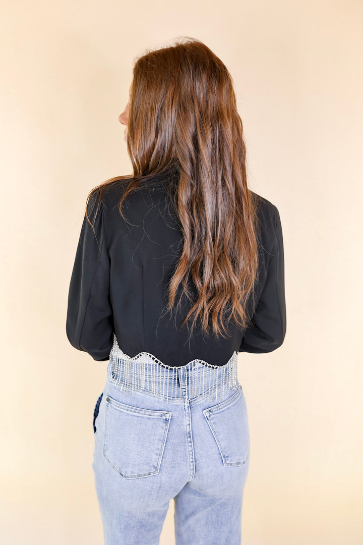 Time For Magic Cropped Blazer with Crystal Fringe Trim in Black - Giddy Up Glamour Boutique