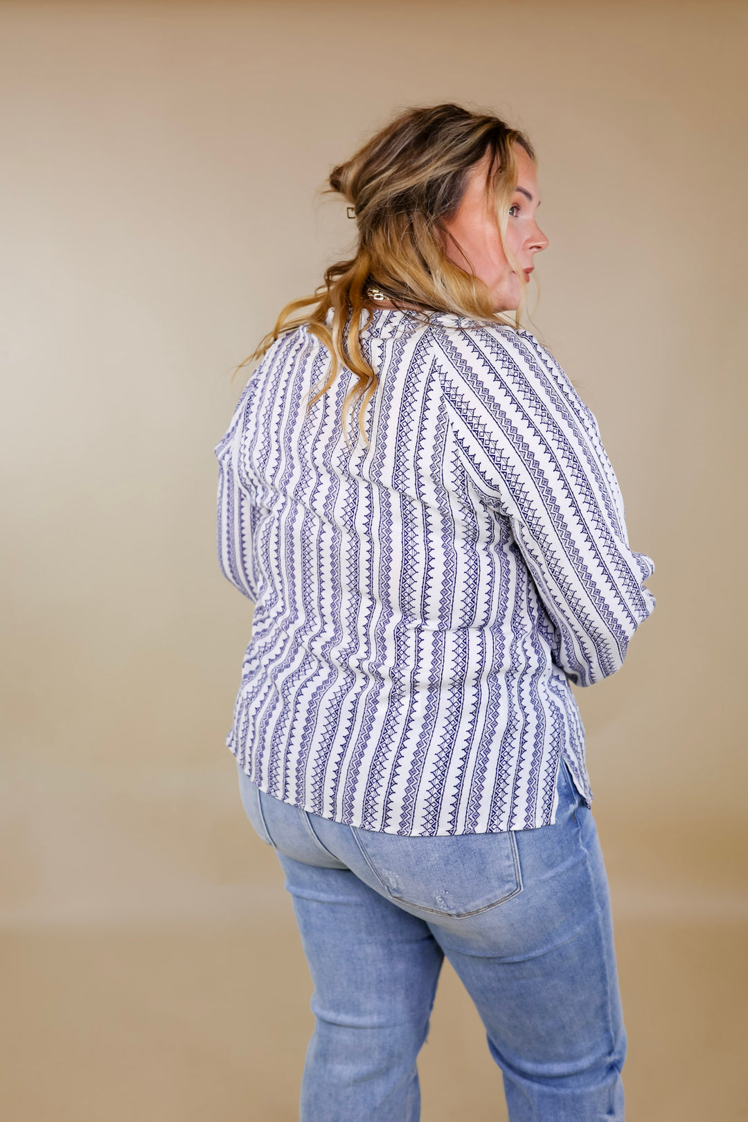 Blissful Beginnings Floral Embroidered Top with Keyhole and Tie Neck in Navy and White - Giddy Up Glamour Boutique