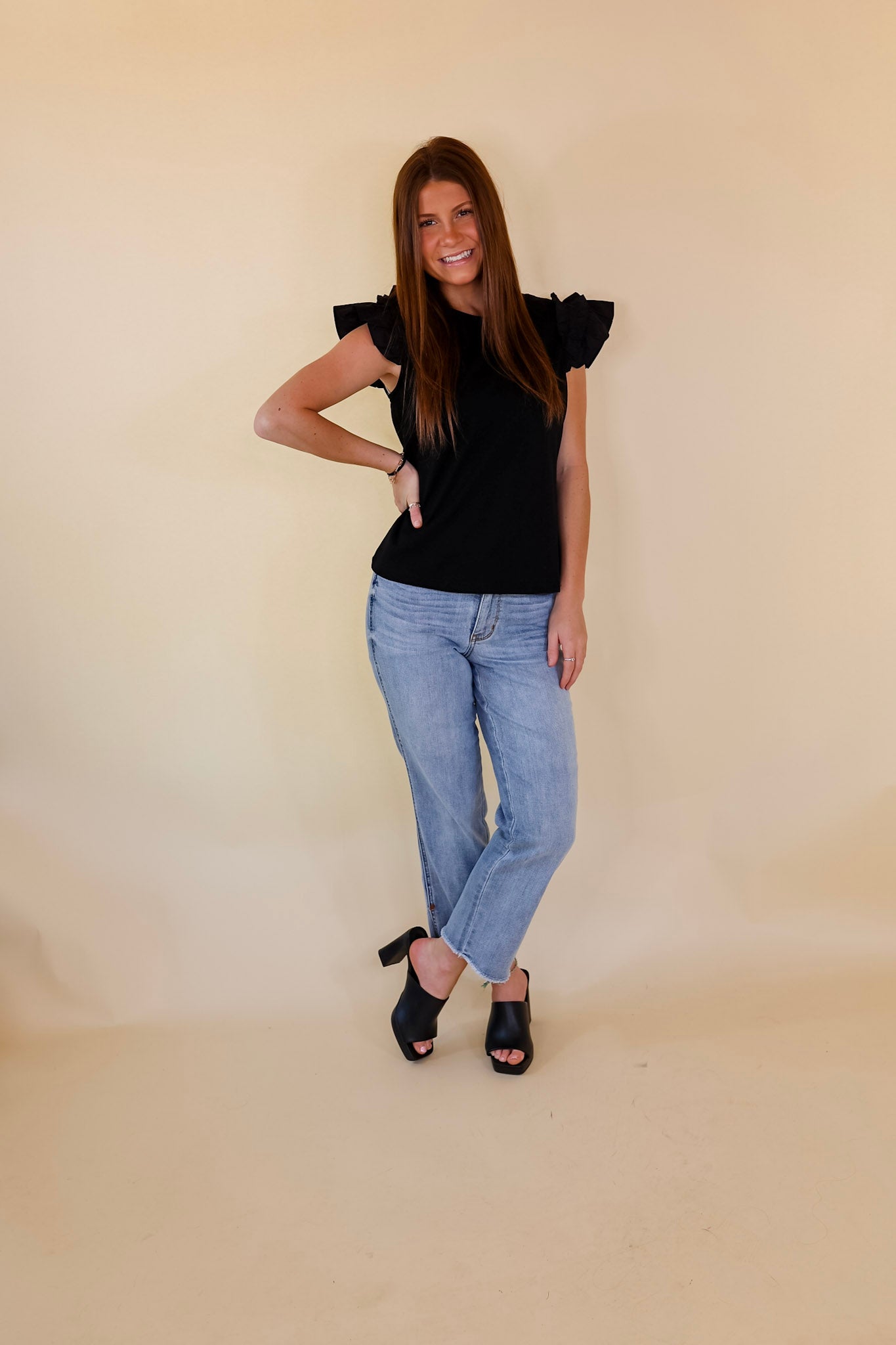 Born To Be Stylish Solid Top with Ruffle Cap Sleeves in Black - Giddy Up Glamour Boutique