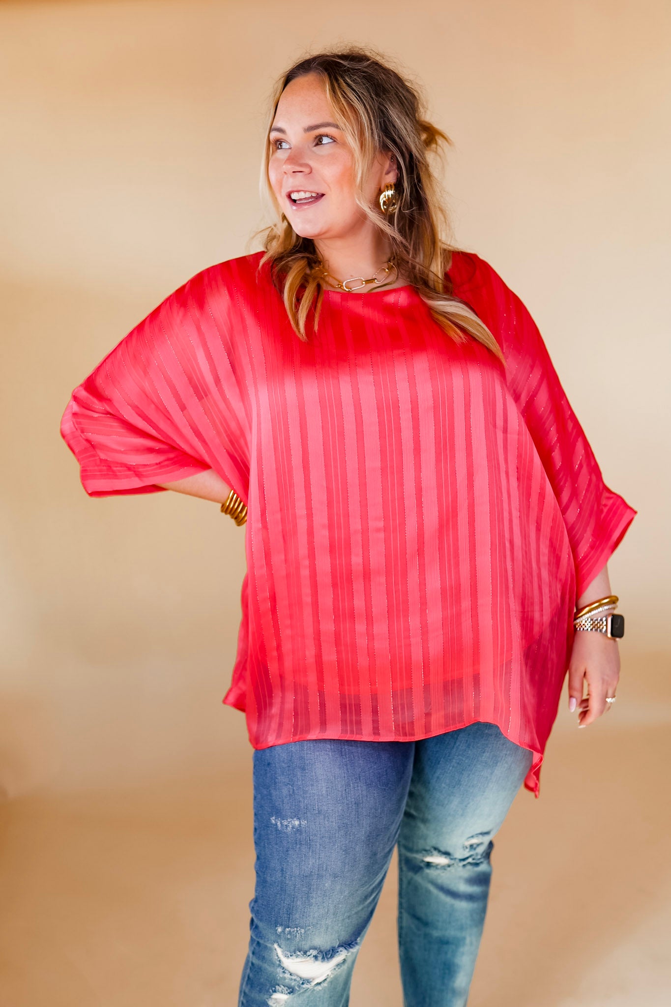 Sunset Horizon Striped Poncho Top with Metallic Detail in Coral Pink - Giddy Up Glamour Boutique
