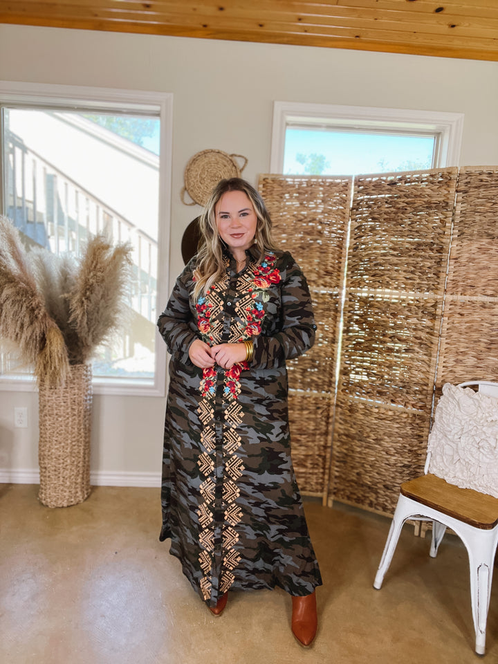 I'm All That Long Camouflage Button Up Dress with Floral Print Embroidery - Giddy Up Glamour Boutique