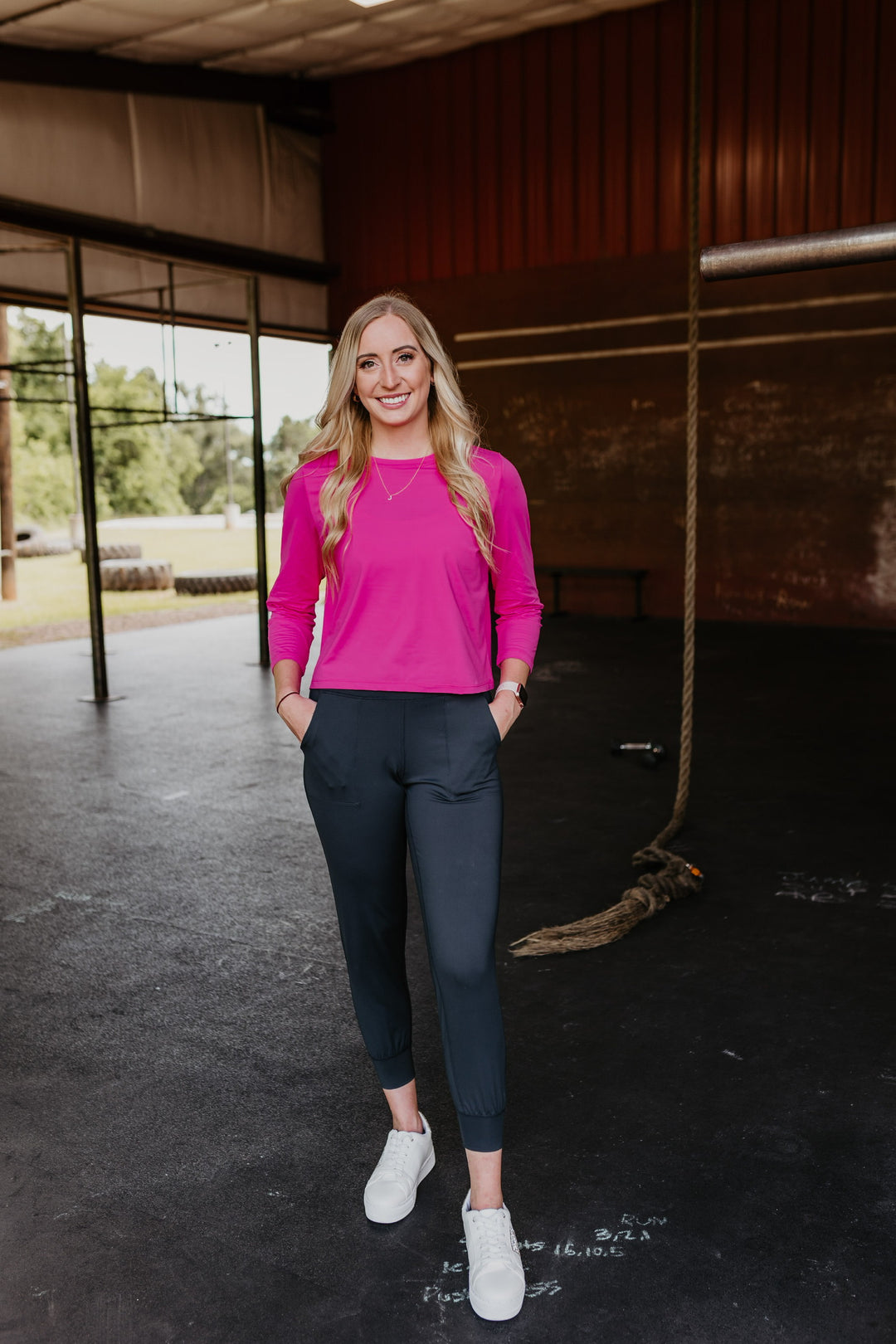 Get Moving Long Sleeve Cropped Top in Fuchsia - Giddy Up Glamour Boutique