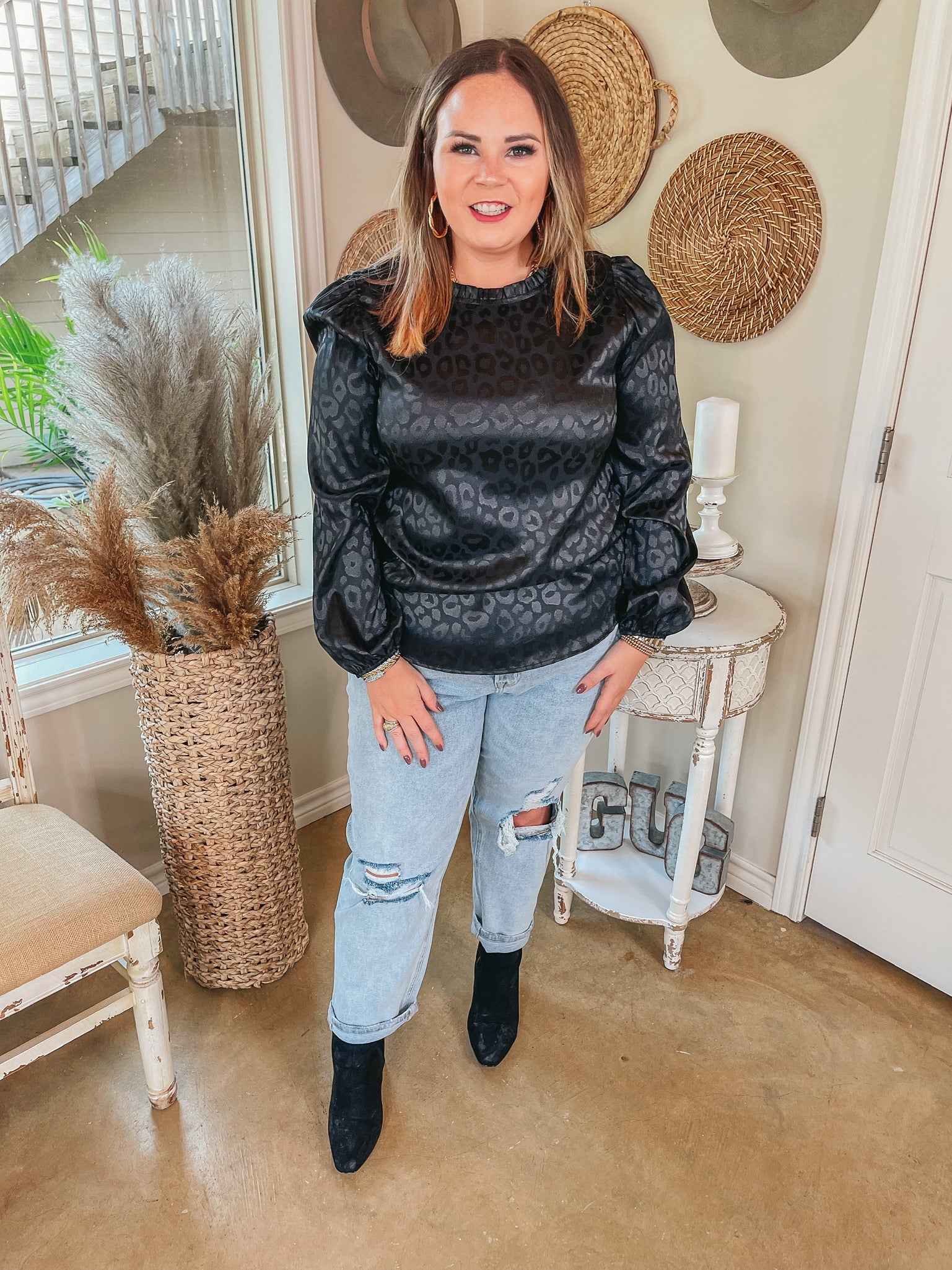 Last Chance Size Medium & 1XL | Styled in Shine Satin Leopard Print Long Sleeve Blouse in Black - Giddy Up Glamour Boutique