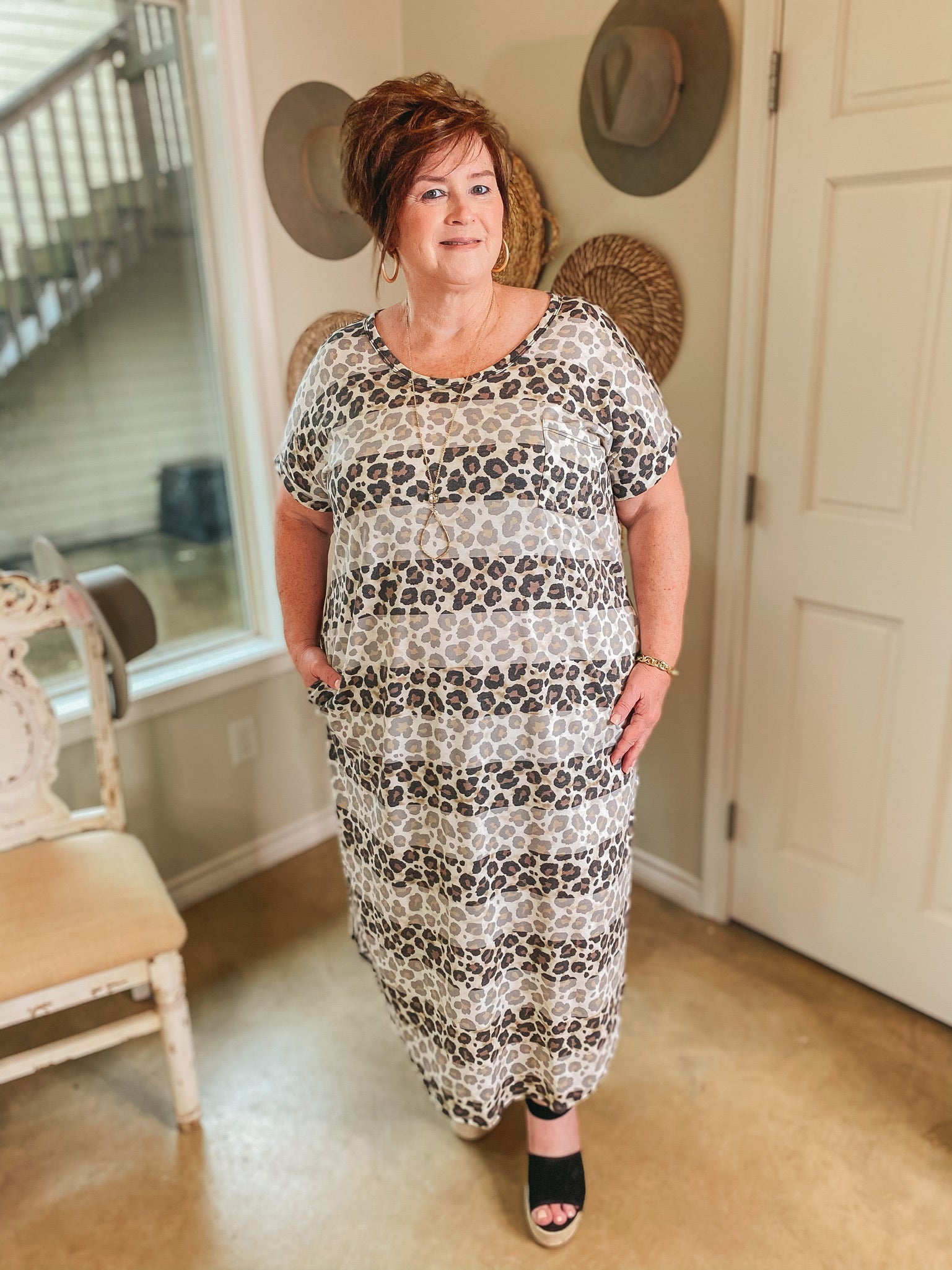 Meet for Mimosas Front Pocket Striped Maxi Dress in Leopard - Giddy Up Glamour Boutique