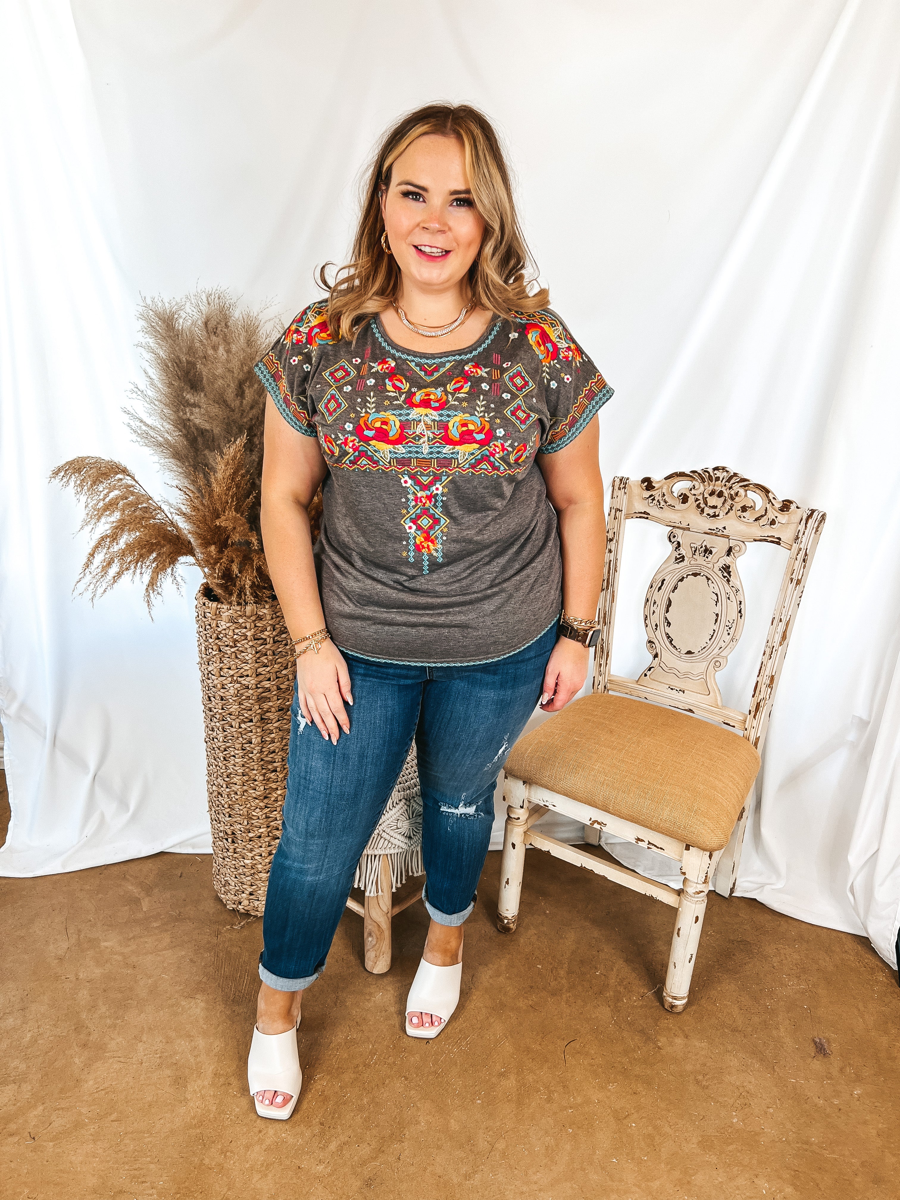 Maya Riviera Floral and Aztec Embroidered Short Sleeve Top in Charcoal Grey - Giddy Up Glamour Boutique
