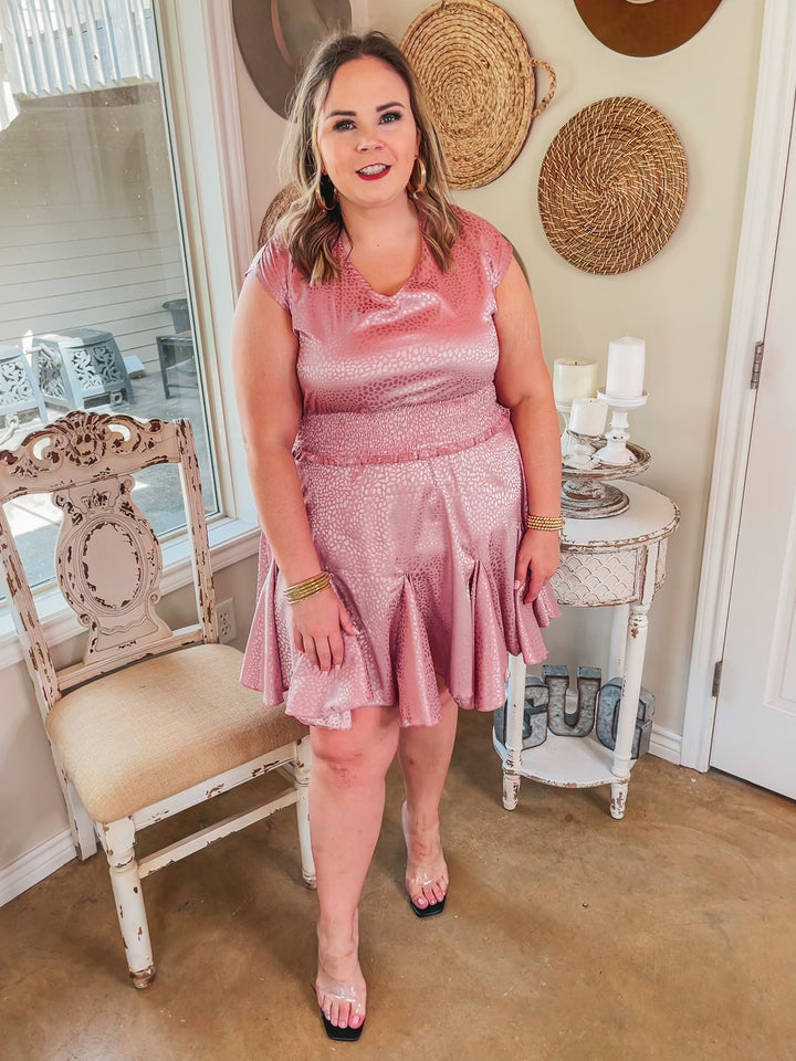 Chardonnay Sips Metallic Dotted Satin Dress with Smocked Waist in Pink - Giddy Up Glamour Boutique