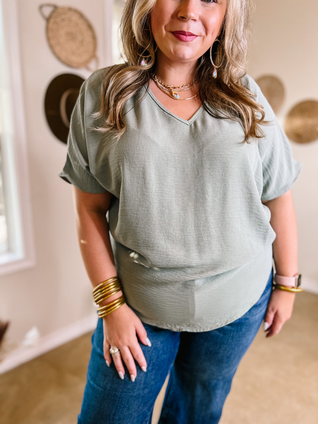 Lovely Dear V Neck Short Sleeve Solid Top in Sage Green - Giddy Up Glamour Boutique