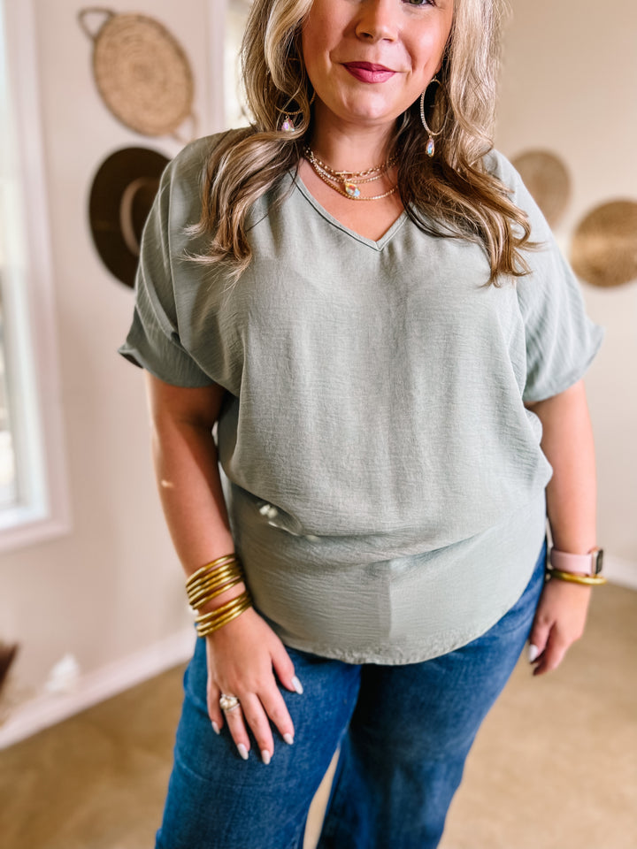 Lovely Dear V Neck Short Sleeve Solid Top in Sage Green - Giddy Up Glamour Boutique