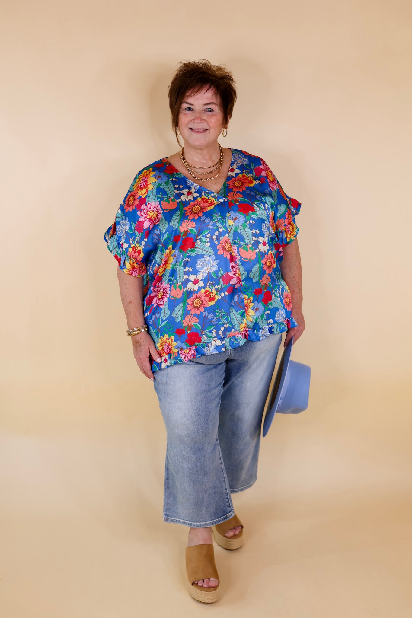 Blissful Mindset Floral V Neck Top with Short Ruffle Sleeves in Blue - Giddy Up Glamour Boutique