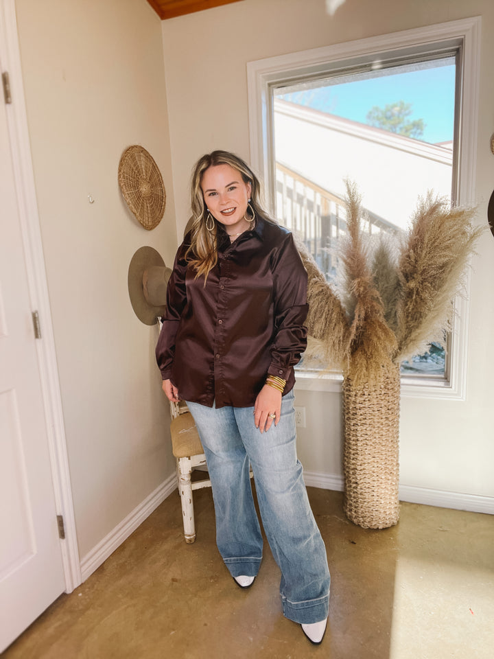 Down To Disco Satin Long Sleeve Button Up Top in Brown - Giddy Up Glamour Boutique